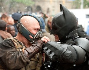 TOM HARDY as Bane and CHRISTIAN BALE as Batman in Warner Bros. Pictures' and Legendary Pictures' 'THE DARK KNIGHT RISES,” a Warner Bros. Pictures release.
